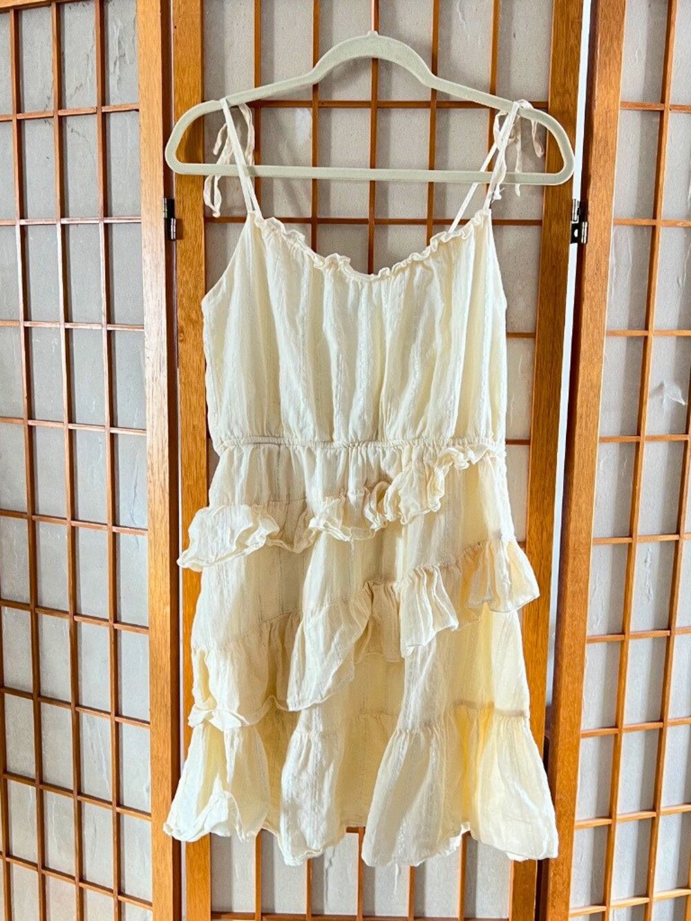 Max + Ash Cream Metallic Striped Tiered Ruffle Mini Dress Tie Strap Large L